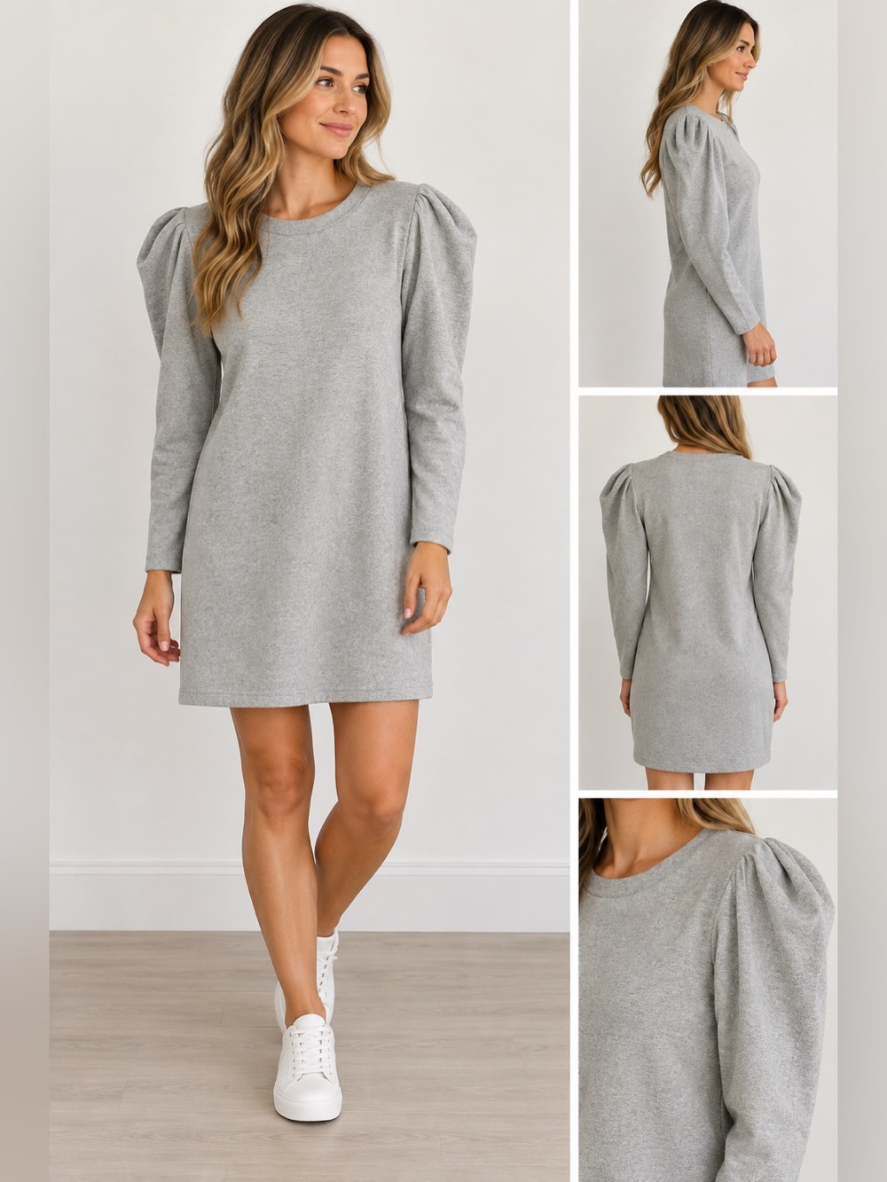 Amour Vert Grey Puff Sleeve Stretch Dress Organic Cotton Modal Size L